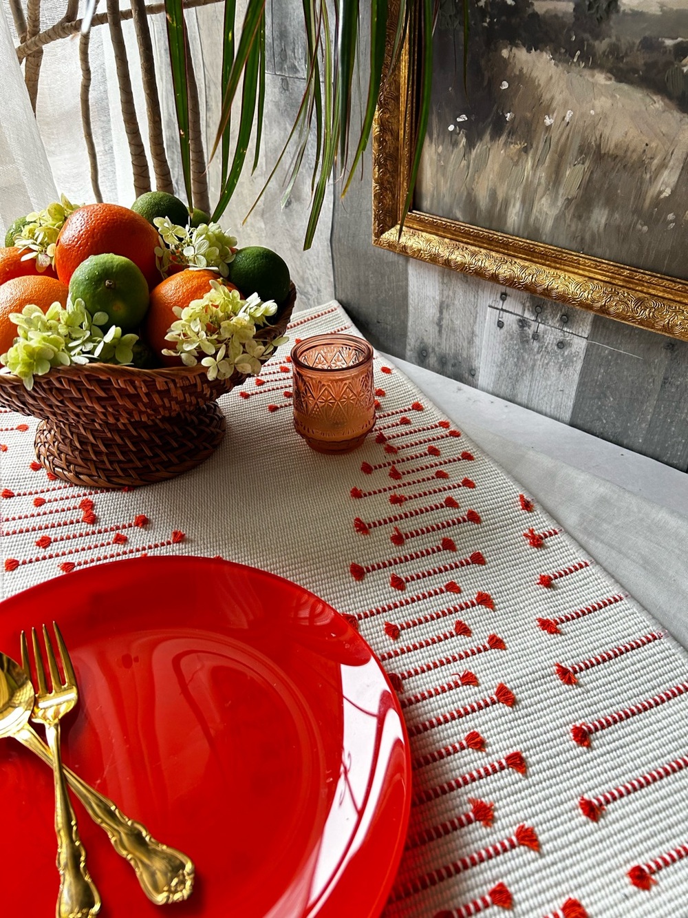 🌴Lovely Table Runner W/Boho Flair | White(cream) & Rusty Orange | Kirkton House